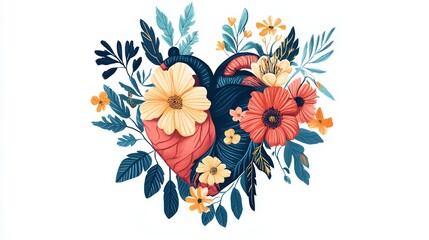 Sticker - Floral Heart Illustration with Blue and Yellow Flowers