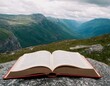 © kim - Book between mountains gap. . Overcome any obstacle with education and self development. Ai generated image
