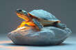 © Oleksandr - A turtle basking under a heat lamp on a small rock island, isolated on a pastel gray background,