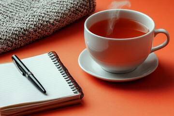 A cup of herbal tea with steam rising, placed beside a journal and pen, isolated on a pastel orange background,