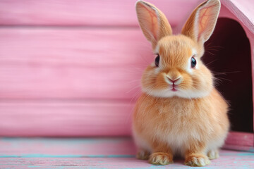 Wall Mural - A rabbit hutch with a rabbit peeking out of the doorway, isolated on a pastel lavender background,