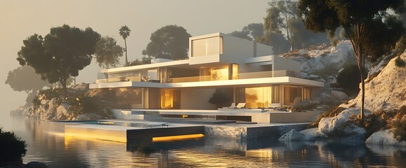 Wall Mural - Modern waterfront home with infinity pool and a beautiful sunset.