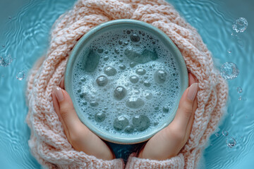 Aufkleber - A person hand-washing a delicate sweater in a basin with suds, isolated on a pastel blue background,