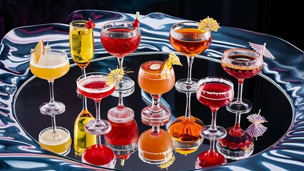 Alcoholic cocktails on a mirror background