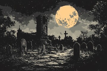 Wall Mural - A haunting illustration of an old graveyard with gravestones under a full moon, perfect for Halloween-themed designs, invitations, or decorations with copy space.