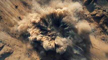 A top-down view of an explosion in a desert setting, with a large plume of dust and debris rising from the impact site, highlighting the dramatic effect of the blast.