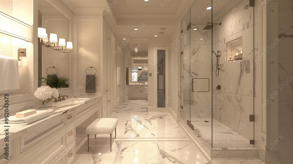 Luxurious master bathroom with a walk-in shower, marble tiles, and ...