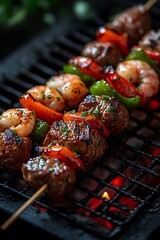 Close-up of grilled skewers with beef, shrimp, peppers and tomatoes on a hot grill.