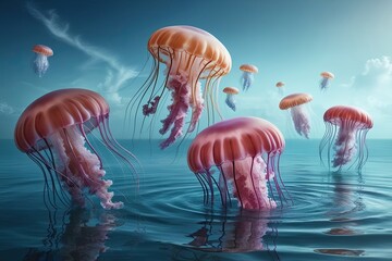 Jellyfish Floating in a Tranquil Ocean Current with Ethereal Movement and Vibrant Colors