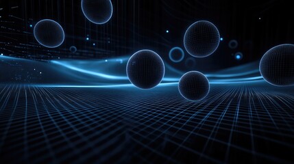 Wall Mural - Abstract blue glowing spheres hovering over a digital grid with soft blue light.