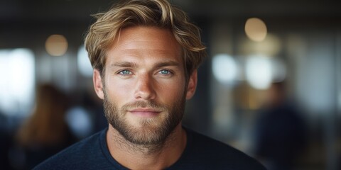 a close-up of a young man with blond hair and a beard, slightly smiling and looking directly into th