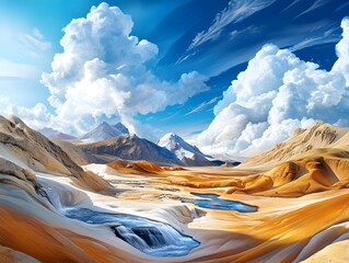 Wall Mural - Mountainous Landscape with Waterfall and Clouds.