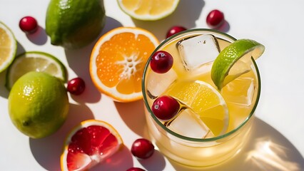 Summer drinks, lemonade set with lime, orange and cranberry, selective focus