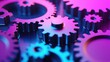 © Inkreatif - Close-up of metallic gears with neon blue and pink lighting.