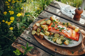 A delectable serving of salmon with potatoes and herbs on a rustic wooden table amidst a garden full of blooming flowers.