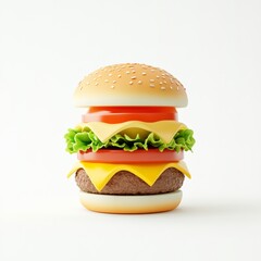 Wall Mural - A 3D icon of a simple, cute hamburger with layers of lettuce, tomato, and cheese, set against a clean white background