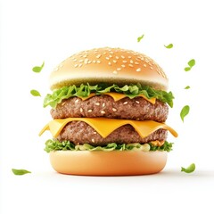 Wall Mural - A 3D icon of a simple, cute hamburger with lettuce, cheese, and a juicy beef patty, all enclosed in a sesame seed bun, set against a white background