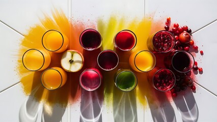 Flat lay with glasses of different juice isolated on white