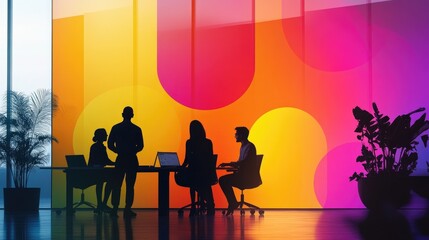 Wall Mural - Silhouettes of business people in a modern office setting with a colorful gradient wall behind them.