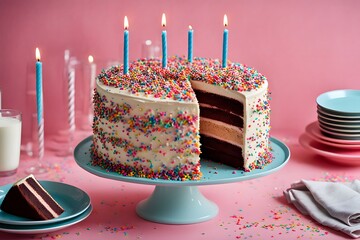 Wall Mural - A beautifully decorated birthday cake with layers of chocolate sponge and creamy frosting topped, AI Generated