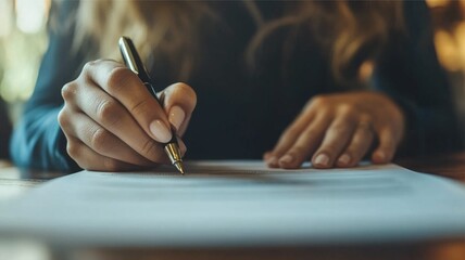 Create a close-up image of a female hand holding a pen and signing a legal contract agreement. The scene emphasizes the formality and importance of the business transaction.