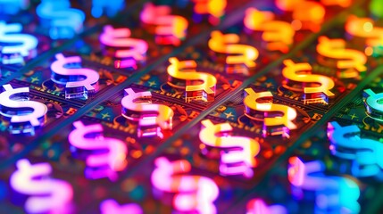 Poster - Neon dollar signs glowing over stacks of hundred-dollar bills