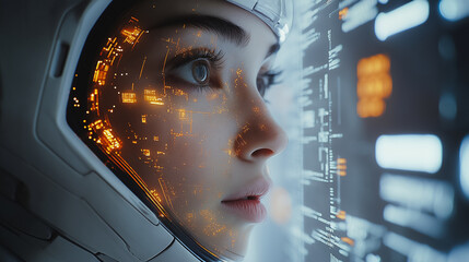 Wall Mural - a woman in a space suit with a glowing face staring at a computer screen. concept of futuristic tech