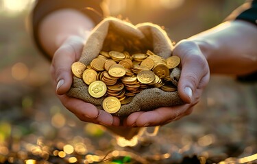 Wall Mural - Hands holding a burlap sack filled with gold coins