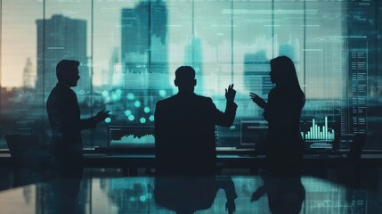 Wall Mural - Silhouettes of three businesspeople analyzing financial data on a digital screen.