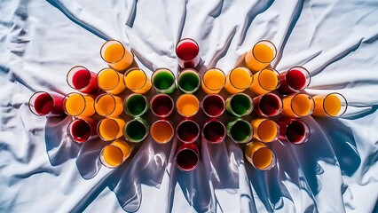 Flat lay with glasses of different juice isolated on white