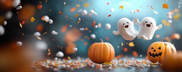 Halloween Ghosts with Pumpkins and Autumn Leaves