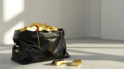 Wall Mural - Black bag filled with gold bars in bright room