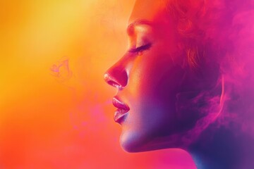 Canvas Print - Close-up of a Woman's Face in Pink and Orange Light with Smoke