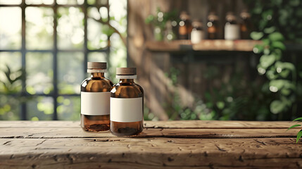 Two amber glass bottles with blank labels sit on a rustic wooden table, a leafy window and other bottles are blurred in the background.