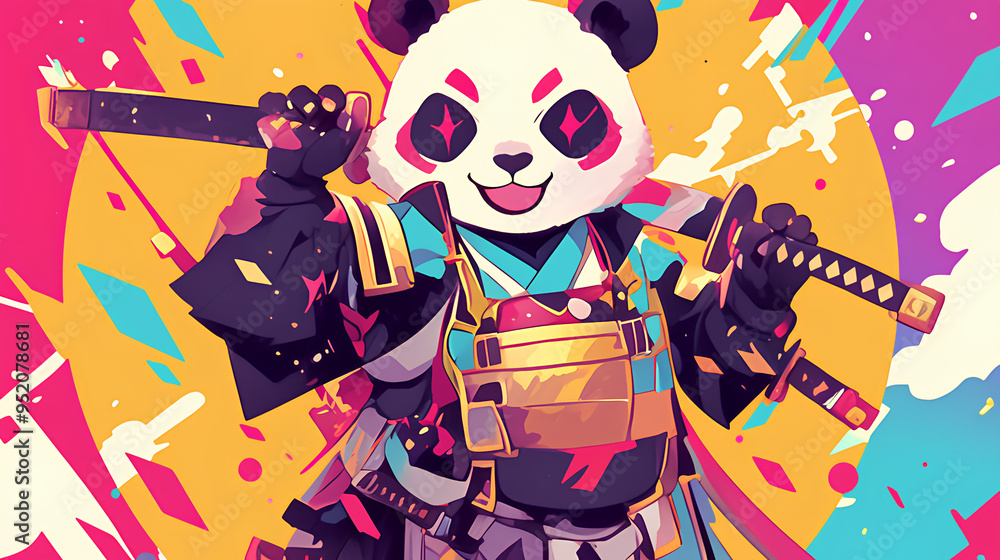 Cute panda wearing Japanese samurai armor, cool poses, cute kawaii ...