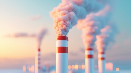 Canvas Print - Industrial Smoke Stacks at Sunset.