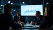 © apirom - A group of business professionals sitting around a conference table, actively engaging in a discussion with charts and graphs on a screen in the background.