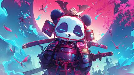 Wall Mural - Cute panda wearing Japanese samurai armor, cool poses, cute kawaii, simple, smiling happy. neon psychedelic background