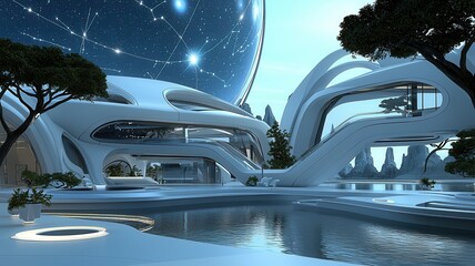 Futuristic architecture featuring sleek lines, modern materials, and lush greenery, creating a serene and innovative environment.