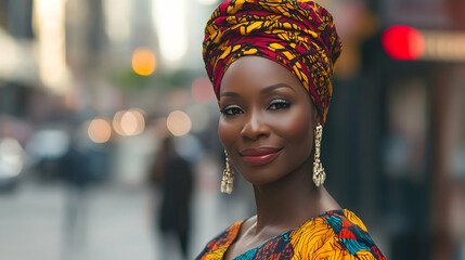 Wall Mural - A close-up of a black woman wearing vibrant, traditional African clothing and headwrap, standing confidently in the middle of a bustling city street