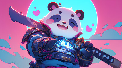 Wall Mural - Cute panda wearing Japanese samurai armor, cool poses, cute kawaii, simple, smiling happy. neon psychedelic background