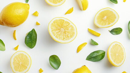 Yellow lemon slices falling with green leaves isolated on white background