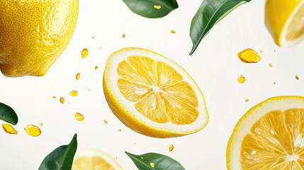 Yellow lemon slices falling with green leaves isolated on white background