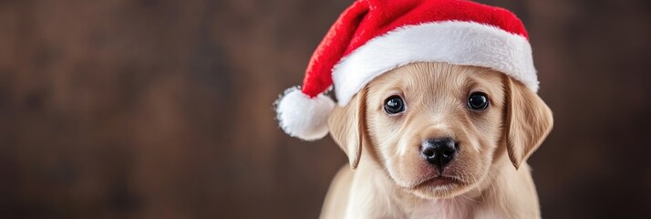 Cheerful Christmas puppy with a Santa hat and a wagging tail