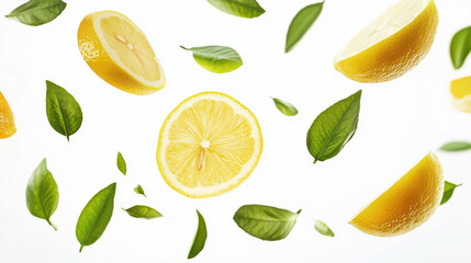 Yellow lemon slices falling with green leaves isolated on white background