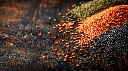 Colorful lentils arranged on wooden surface for a nutritious meal, copy space for text, side view, close-up view