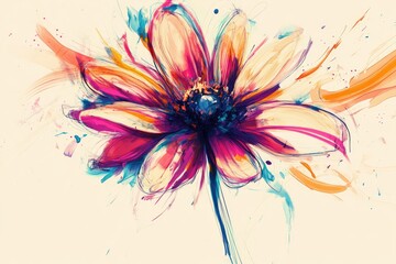 Sticker - Abstract Watercolor Painting of a Pink Flower with Blue and Orange Accents