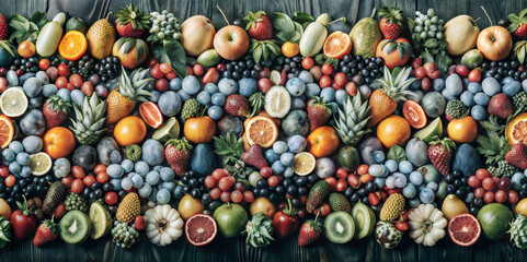 Colorful assortment of fresh fruits on wooden surface, healthy and appetizing display, copy space