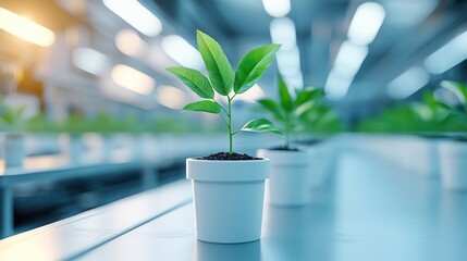 Sticker - Green Plant in White Pot with Blurred Background.