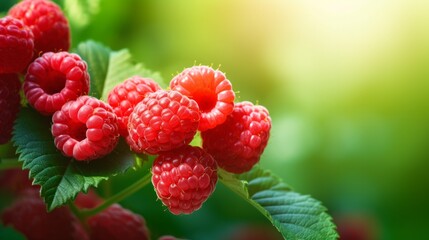 Wall Mural - Branch of ripe raspberries in a garden on blurred green background. Neural network ai generated art